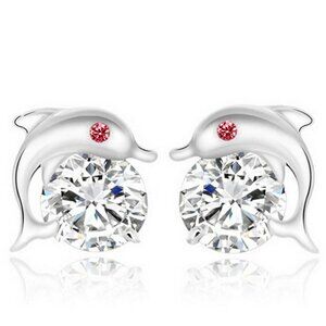 🌸  925 Silver Red Eye Dolphin Zircon Stud Earrings for Women, FB16FA1012